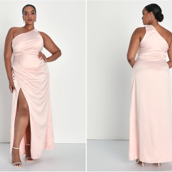 LULU's Prom Wedding Bridesmaid Sexy One Shoulder Satin Thigh Slit Gown - Picture 4 of 5